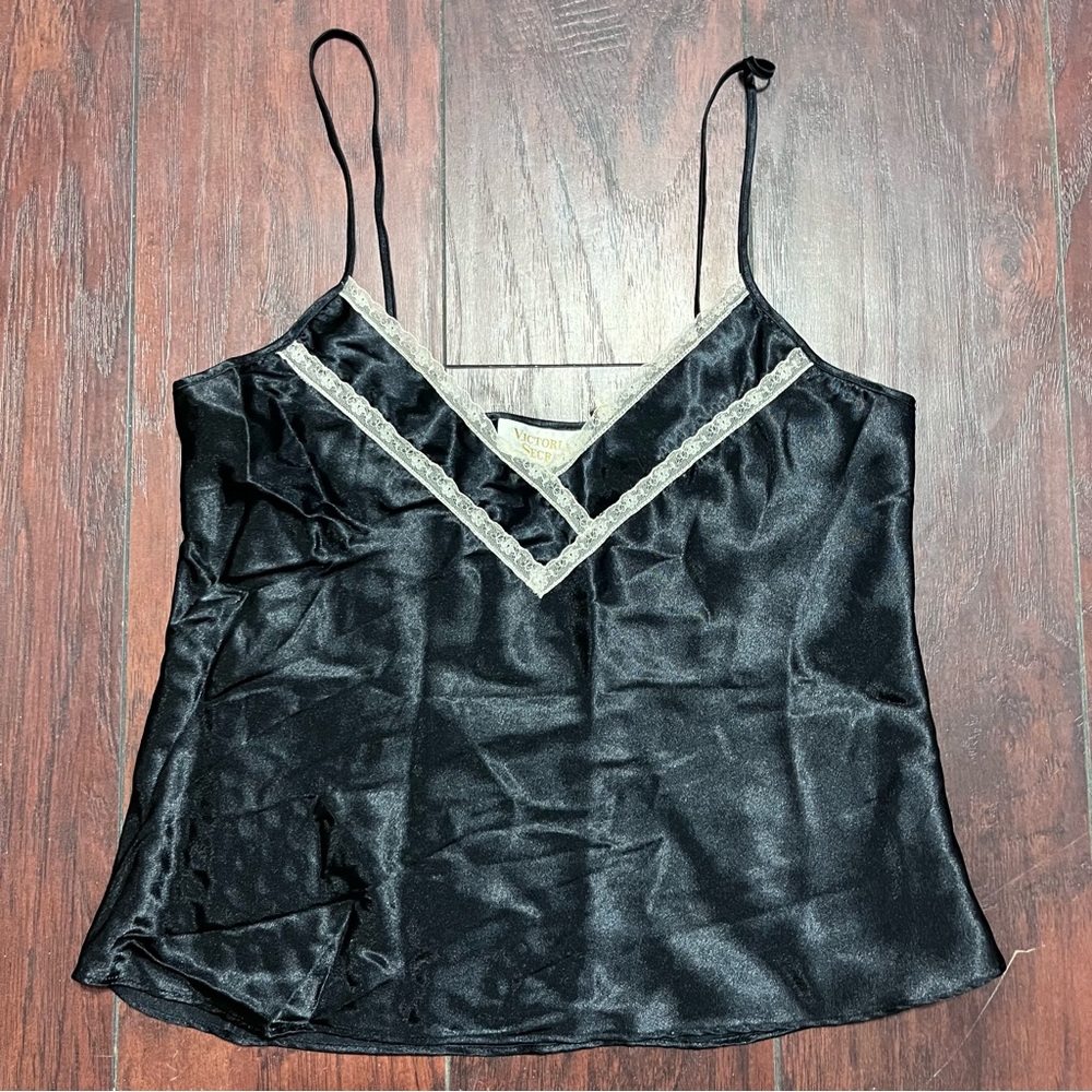 Victoria Secret Y2K Black Cami With White Lace Trim Size S
